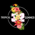 Hello Summer Tropic Design. Tropical HibisÃÂus Flowers Background for Poster, Sale Banner, Placard, Flyer Royalty Free Stock Photo