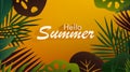 Hello summer. Tropical background with palm leaves and monstera plant leaf. Modern poster in bright colors. Vector illustration Royalty Free Stock Photo