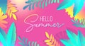 Hello summer tropical banner with palm leaves