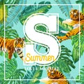 Hello Summer Tropical Design with Palm Leaves and Tigers. Tropic Beach Vacation Poster, Banner, T-shirt, Flyer, Cover Royalty Free Stock Photo