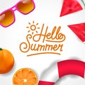 Hello Summer tropical fruit and pink beach sunglasses from top view with white background Royalty Free Stock Photo