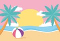 Hello summer, tropical leaves foliage palms beach ball sea sunset