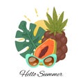 Hello summer, tropical summertime vector illustration. Pineapple, sunglasses, tropical monstera leaf and sun. Logo Royalty Free Stock Photo