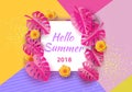 Hello summer typographic design with abstract forms of paper cutting and tropical leaves. Vector illustration. Royalty Free Stock Photo
