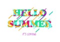 Hello summer typographic design with abstract forms of paper cutting and tropical leaves. Vector illustration. Royalty Free Stock Photo