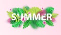 Hello summer typographic design with abstract forms of paper cutting and tropical leaves. Vector illustration. Royalty Free Stock Photo