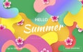 Hello summer typographic design with abstract shapes of paper cutting and tropical flowers. Template for banner, postcard, poster Royalty Free Stock Photo