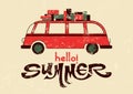 Hello Summer! Typographic Retro Grunge Poster With Travel Bus. Vector Illustration.