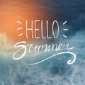 Hello Summer Typography on Sunshine Blurred Dark Blue Beach Back