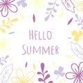 Hello summer. Ultra violet floral vector frame. Illustration or wedding invitation card, print Royalty Free Stock Photo