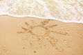 Hello summer vacation concept. Sun written on sandy beach and sea waves. Relaxing on tropical island. Let`s go travel