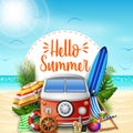 Hello summer. Summer vacations. Camper van on the beach. Royalty Free Stock Photo