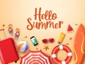 Hello summer vector background  design. Hello summer greeting text in sand with beach element. Royalty Free Stock Photo