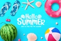 Hello summer vector background design. Hello summer text with beach elements like watermelon, floater and beach ball.