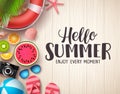 Hello summer vector background. Summer text in wood textured background with colorful beach elements