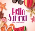 Hello summer vector background template with flat paper cut beach elements
