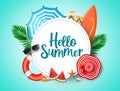 Hello summer vector background template. Hello summer greeting text in white circle frame and colorful beach element. Royalty Free Stock Photo