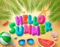Hello summer vector banner design in beach sand background