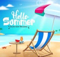 Hello summer vector banner design. Hello summer enjoy your holidays text in beach background with elements like chair and umbrella