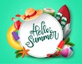 Hello summer vector banner design. Hello summer greeting in white circle for text with beach elements. Royalty Free Stock Photo
