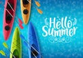Hello summer vector banner design. Hello summer text with colorful floating kayak boat elements
