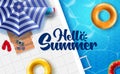 Hello summer vector banner design. Hello summer text with umbrella, chair, floater and beach ball in swimming pool background.