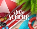 Hello summer vector banner design. Hello summer text with colorful beach elements like surfboard