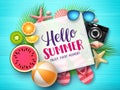 Hello summer vector banner template. Hello summer text in white space boarder with colorful beach elements
