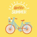 Hello summer vector bicycle with flowers in basket on yellow background for design or postcard. Vector bike in with lettering and Royalty Free Stock Photo