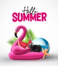 Hello summer vector concept design. Flamingo pink floater and summer beach elements