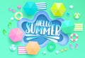 Hello summer vector concept design. Hello summer text with colorful swimming pool paper cut and elements like umbrella and floater