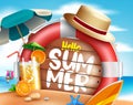Hello summer vector concept design. Hello summer text in wood texture with colorful beach elements like lifebuoy, juice drinks Royalty Free Stock Photo