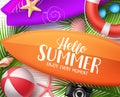 Hello summer vector design concept. Surfboard with Hello summer text and colorful beach elements Royalty Free Stock Photo