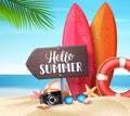 Hello summer vector design concept. Wooden sign board with hello summer text and beach elements Royalty Free Stock Photo