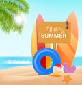 Hello summer vector design concept. Wooden sign board with hello summer text and beach elements like colorful surf board Royalty Free Stock Photo