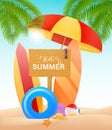 Hello summer vector design concept. Wooden sign board with hello summer text and beach elements like colorful surf board Royalty Free Stock Photo