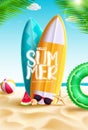 Hello summer vector design. Hello summer text in surfing board element with beach background. Royalty Free Stock Photo