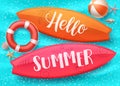 Hello summer vector design with surfboard floating in blue water pool and colorful beach elements