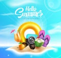 Hello summer vector design. Hello summer text with beach elements like floater, camera and flipflop in island.