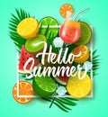 Hello summer vector design with tropical fruits. Hello summer text with tropical season fruit elements like lemon, watermelon. Royalty Free Stock Photo