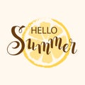 Hello Summer. Vector hand drawn lettering and orange slice. Card in a retro style