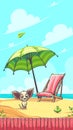 Hello Summer vector illustration with doggie on sand