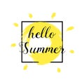 Hello summer. Vector illustration.Grunge textured brush yellow stroke. Trendy. Summer logo.For sale, discount, web, banner. Black