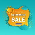 Hello summer vector illustration. Summer sale web banner template. Colorful abstract background with silhouettes of tropical Royalty Free Stock Photo