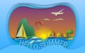 Hello summer vector illustration. Sunset, sea resort with bungalows, sailing yacht, paraglider, islands, dolphins and aircraft