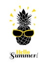 Hello Summer! Vector pineapple wearing colorful sunglasses on summer vacation tropical lement. Great for vacation themed