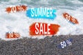 Hello Summer, Vibrant Seascape With Tempting Sale Inscriptions Along the Sun Kissed Shoreline Royalty Free Stock Photo