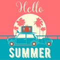 Hello Summer Vintage Style Banner. Tropical Vacation Background with Retro Car and Palm Trees. Royalty Free Stock Photo