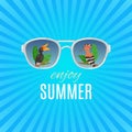 Hello summer vintage vector background with sunglasses with tropical birds. Exotic birds, sunlight and calligraphy Royalty Free Stock Photo