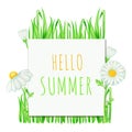 Hello SUMMER Watercolor daisy chamomile flower frame illustration. Hand drawn botanical herbs on white background Royalty Free Stock Photo
